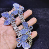 12MM Bling Pink Butterfly Cuban Chain Bracelet for Men Women