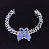12MM Bling Pink Butterfly Cuban Chain Bracelet for Men Women