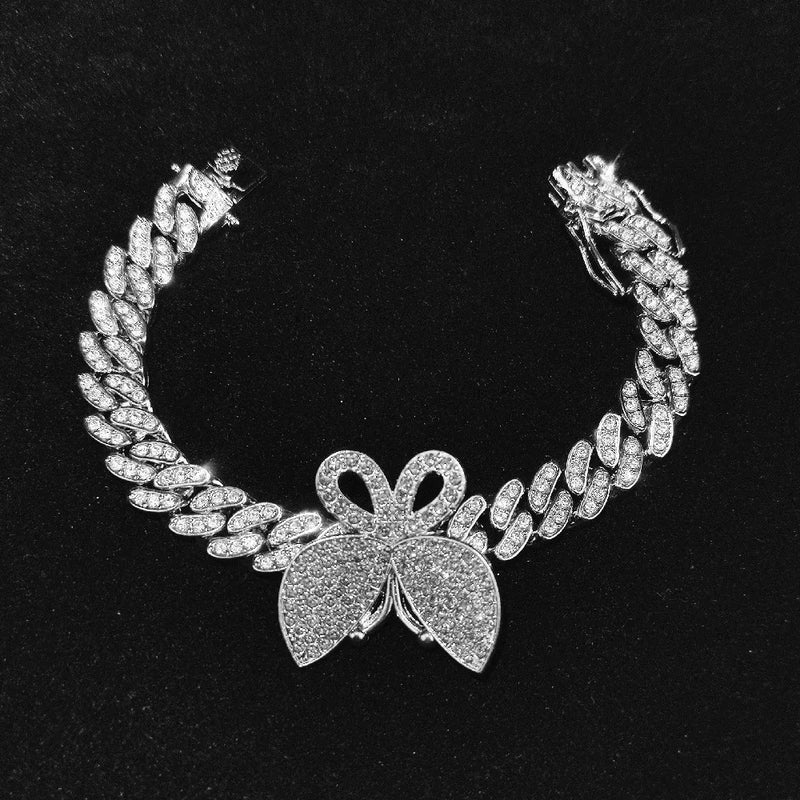 12MM Bling Pink Butterfly Cuban Chain Bracelet for Men Women