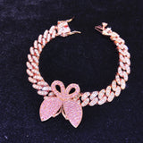 12MM Bling Pink Butterfly Cuban Chain Bracelet for Men Women