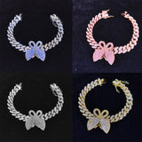 12MM Bling Pink Butterfly Cuban Chain Bracelet for Men Women