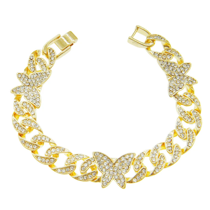 Hip Hop 13MM Rhinestones Prong Iced Cuban Link Chain Bracelet Bling Butterfly