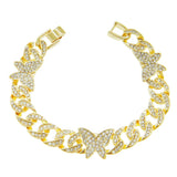 Hip Hop 13MM Rhinestones Prong Iced Cuban Link Chain Bracelet Bling Butterfly