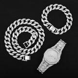 Hip Hop 15MM 3PCS KIT Silver Watch+Necklace+Bracelet Iced Out Cuban Rhinestones