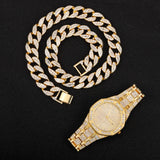 Hip Hop 15MM 3PCS KIT Silver Watch+Necklace+Bracelet Iced Out Cuban Rhinestones