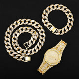 Hip Hop 15MM 3PCS KIT Silver Watch+Necklace+Bracelet Iced Out Cuban Rhinestones