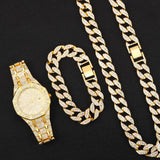 Hip Hop 15MM 3PCS KIT Silver Watch+Necklace+Bracelet Iced Out Cuban Rhinestones