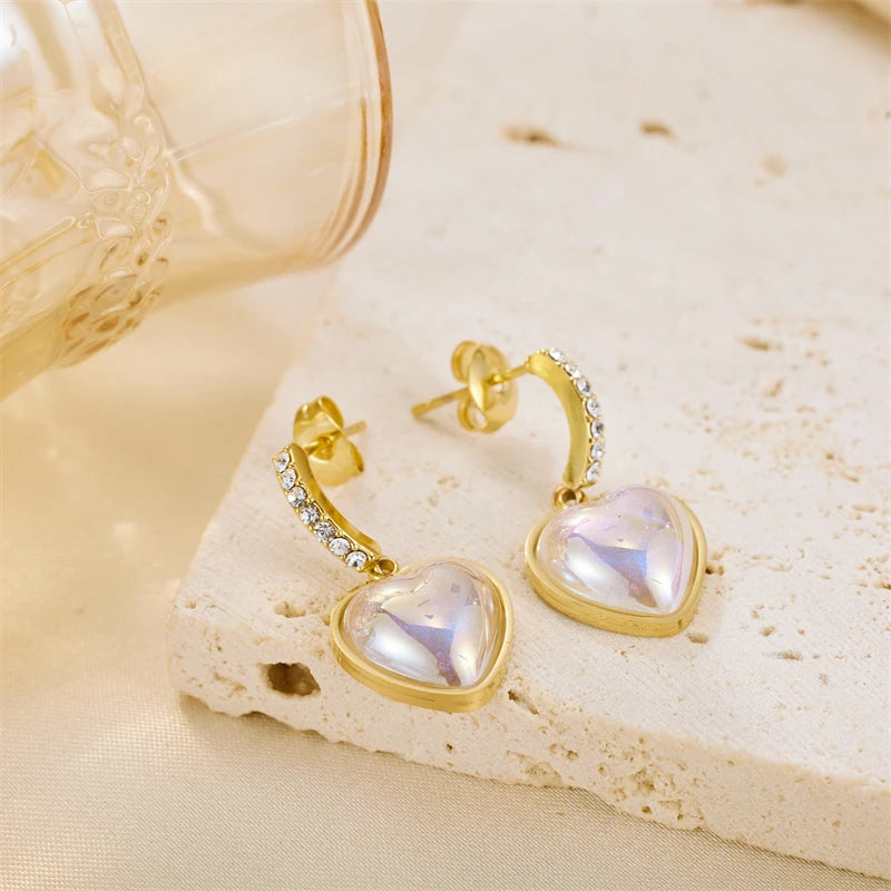 Hip Hop 1 Pair Stainless Steel Pearl Love Earrings 18K Plated Jewelry