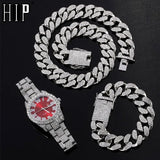 Hip Hop 20MM 3PCS Silver Watch+Necklace+Bracelet Crystal Iced Out Cuban Chains