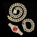 Hip Hop 20MM 3PCS Silver Watch+Necklace+Bracelet Crystal Iced Out Cuban Chains