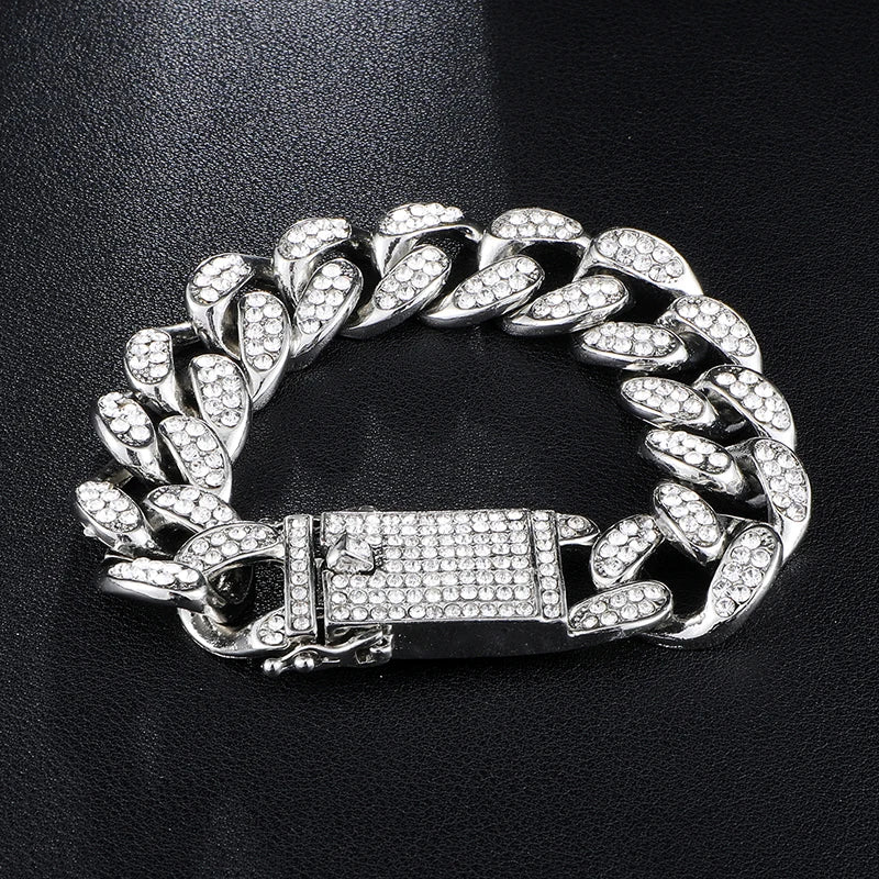 Hip Hop 20MM 3PCS Silver Watch+Necklace+Bracelet Crystal Iced Out Cuban Chains