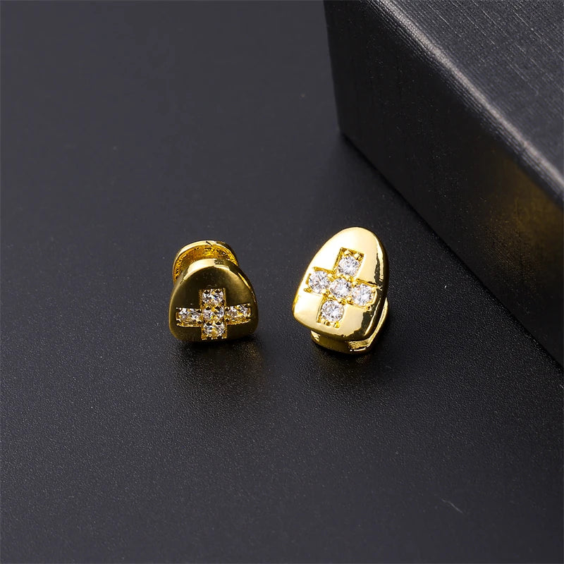 Bling Teeth Grillz With Cross Cubic Zircon Caps Iced Grills For Men Women