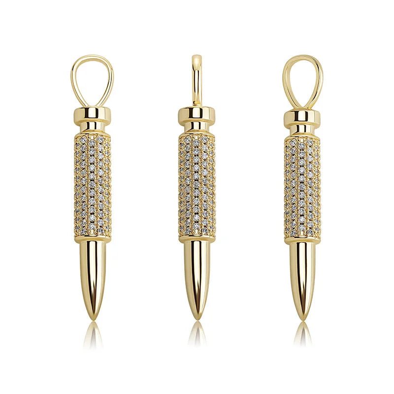 Hip Hop CZ Stone Paved Bling Iced Bullet Pendant Necklace for Men Silver