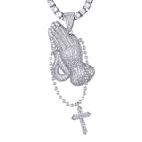 Hip Hop Bling CZ Praying Hands Cross Necklace Men Jewelry Tennis Chain