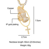 Hip Hop Bling CZ Praying Hands Cross Necklace Men Jewelry Tennis Chain