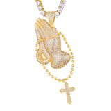 Hip Hop Bling CZ Praying Hands Cross Necklace Men Jewelry Tennis Chain