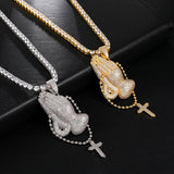 Hip Hop Bling CZ Praying Hands Cross Necklace Men Jewelry Tennis Chain