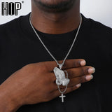 Hip Hop Bling CZ Praying Hands Cross Necklace Men Jewelry Tennis Chain