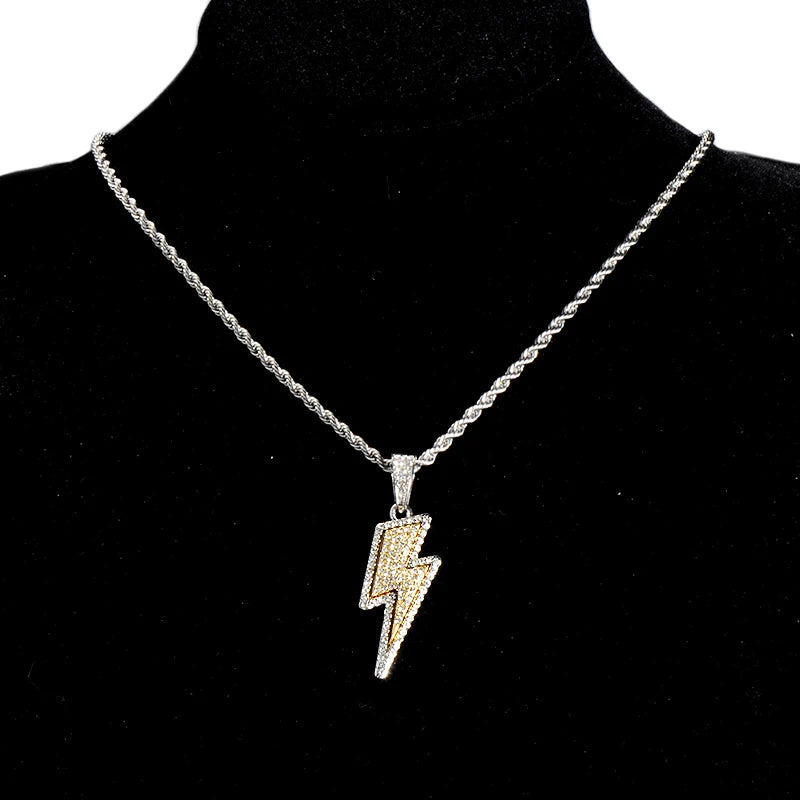 Micro Paved CZ Lightning Pendant Necklace Rope Chain Hip Hop Bling