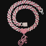 Pink Crystal Cursive Initial Letter Cuban Necklace for Women