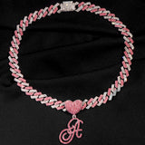 Pink Crystal Cursive Initial Letter Cuban Necklace for Women