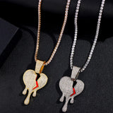 Hip Hop Broken Heart Crystal Pendant Cuban Necklace Bling Iced Out Zircon Chain