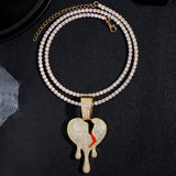 Hip Hop Broken Heart Crystal Pendant Cuban Necklace Bling Iced Out Zircon Chain