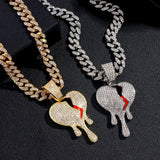 Hip Hop Broken Heart Crystal Pendant Cuban Necklace Bling Iced Out Zircon Chain