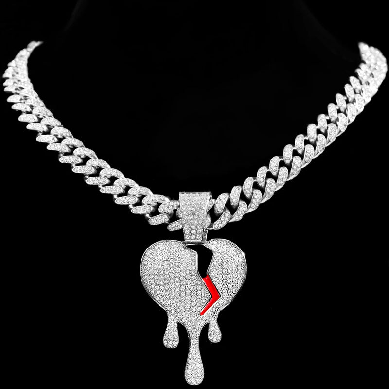 Hip Hop Broken Heart Crystal Pendant Cuban Necklace Bling Iced Out Zircon Chain