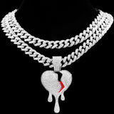 Hip Hop Broken Heart Crystal Pendant Cuban Necklace Bling Iced Out Zircon Chain