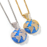 Hip Hop CZ Zircon Stone Paved Bling Iced Out Earth Planet Pendants Necklace