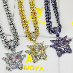 Hip Hop Cartoon Ghost Pendant with Iced Out Cuban Chain Choker Necklace