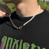Hip Hop Retro Spring Buckle Necklace Beaded Pearl Metal Ball Men's Jewelry
