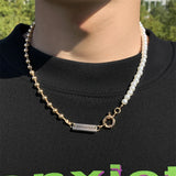 Hip Hop Retro Spring Buckle Necklace Beaded Pearl Metal Ball Men's Jewelry