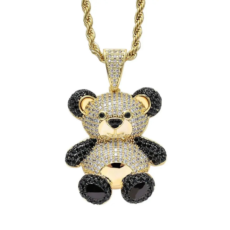 Hip Hop Crystal Teddy Bear Pendant Necklace Iced Out Bling Panda Pendant Jewelry