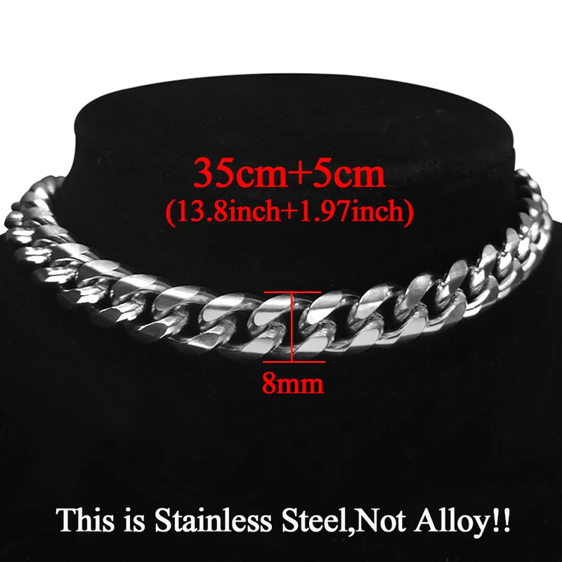 Hip Hop Cuban Link Choker Chain Neck Necklace 35+5cm Silver Stainless Steel