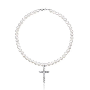 Hip Hop Diamond Cross Pearl Necklace Personalized Couple Clavicle Chain