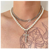 Hip Hop Diamond Cross Pearl Necklace Personalized Couple Clavicle Chain