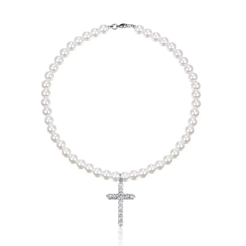 Hip Hop Diamond Cross Pearl Necklace Personalized Couple Clavicle Chain