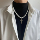 Hip Hop Diamond Cross Pearl Necklace Personalized Couple Clavicle Chain