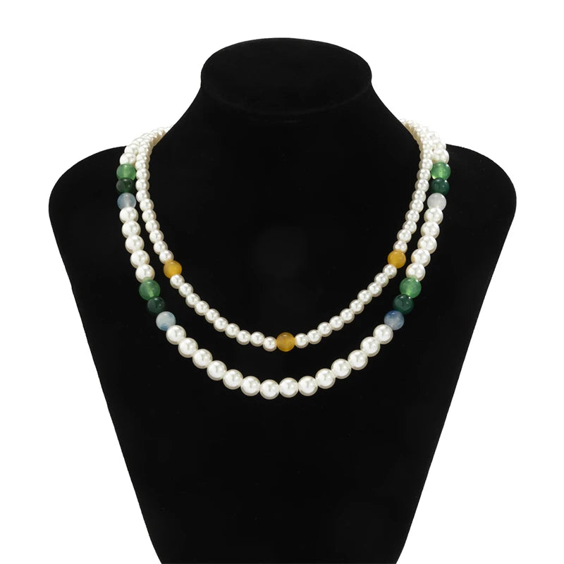 Hip Hop Tandem Mixed Pearl Necklace Men's Double Layer Pearl Necklace Gift