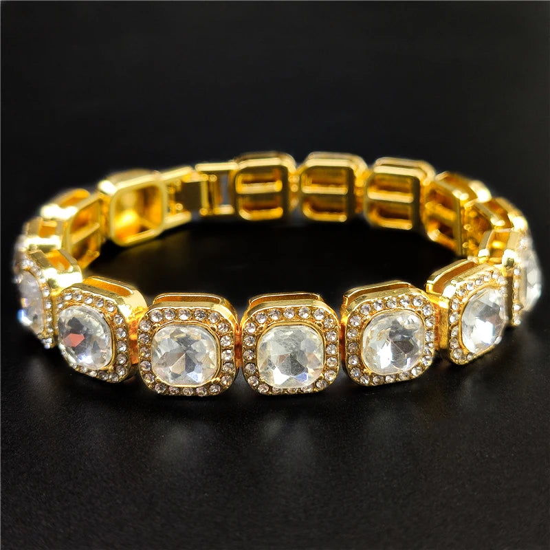 Hip Hop Crystal 13mm Square Tennis Chain Bracelet Bling Rhinestone Cuban Link
