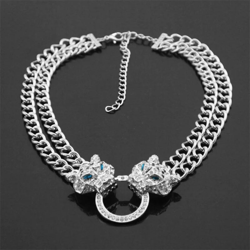 Hip Hop Leopard Head Pendant Choker Necklace with Cuban Chain
