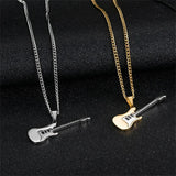 Hip Hop Silver Stainless Steel Guitar Pendant Necklace