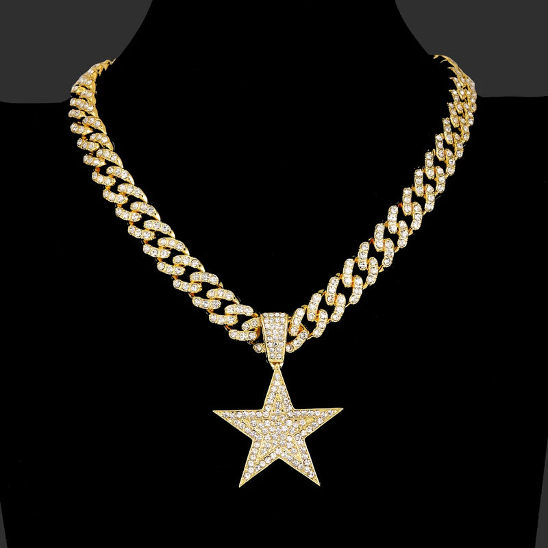 Hip Hop Five-Pointed Star Pendant Necklace Iced Out Rhinestone Charm Gift