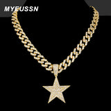 Hip Hop Five-Pointed Star Pendant Necklace Iced Out Rhinestone Charm Gift