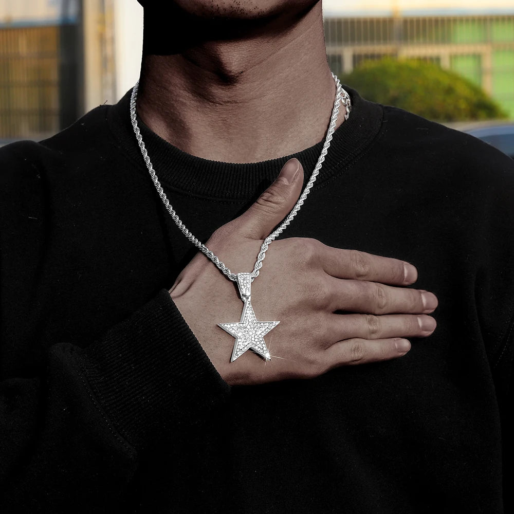 Hip Hop Pentagram Pendant Necklace Iced Out Rhinestone Chain Star Necklace
