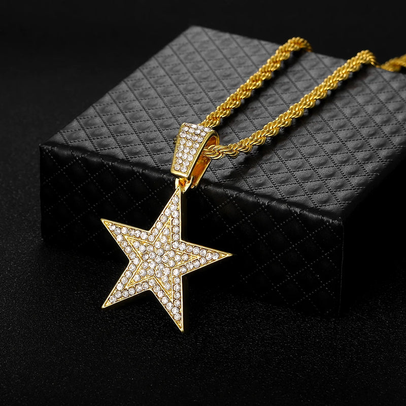 Hip Hop Pentagram Pendant Necklace Iced Out Rhinestone Chain Star Necklace