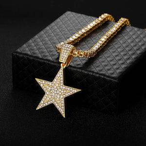 Hip Hop Pentagram Pendant Necklace Iced Out Rhinestone Chain Star Necklace