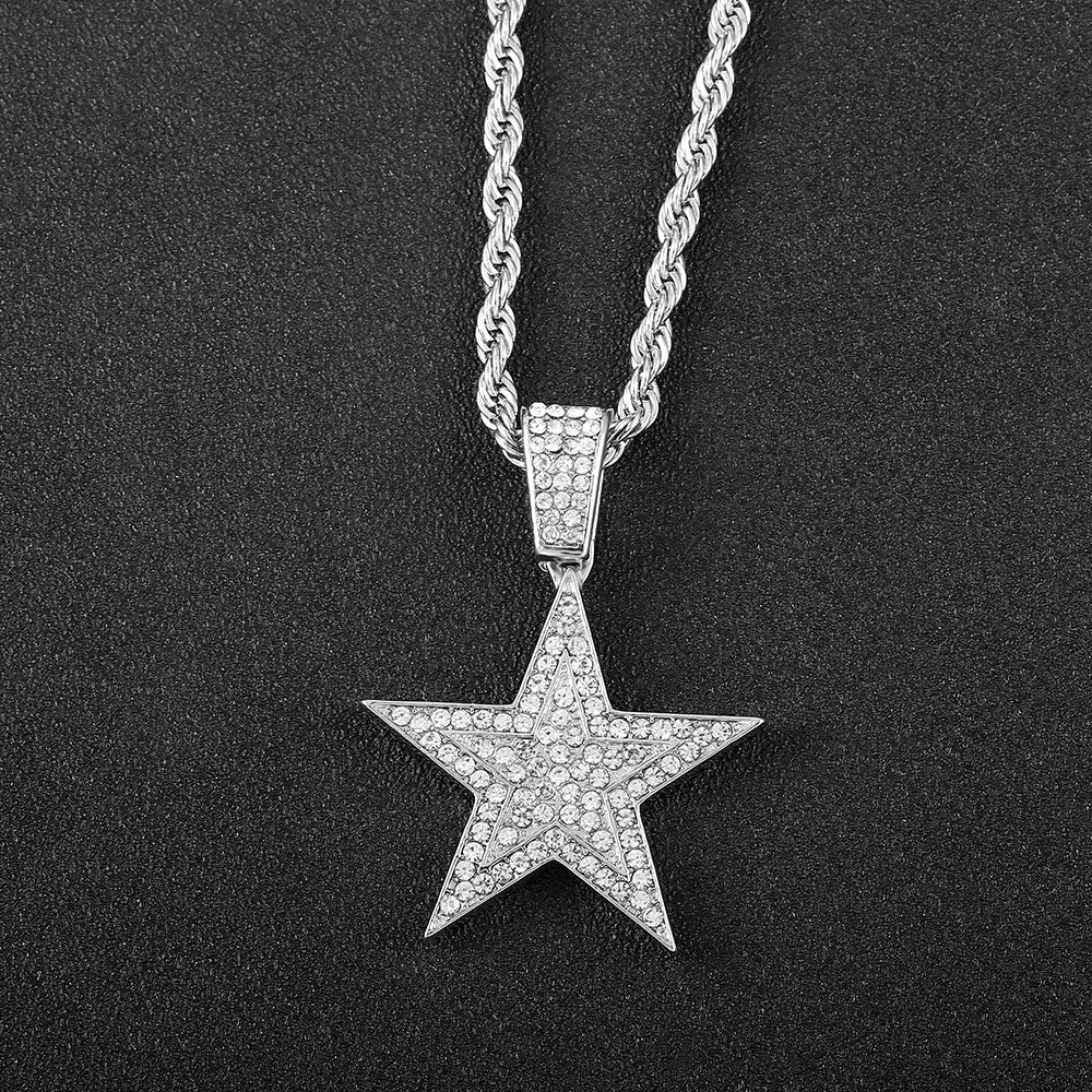 Hip Hop Pentagram Pendant Necklace Iced Out Rhinestone Chain Star Necklace